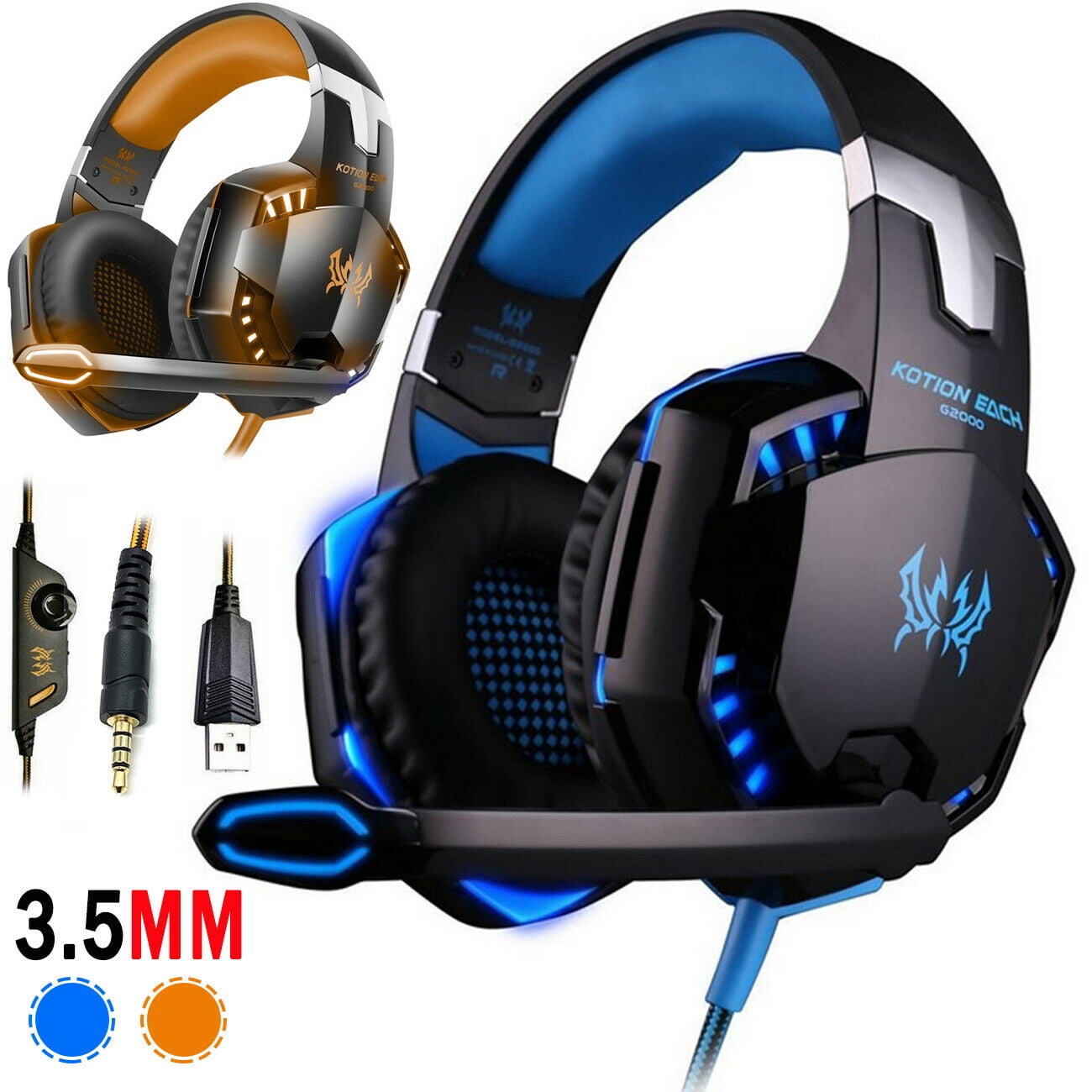 G2000 Gaming Headset for PS4 Xbox one Nintendo Switch Gaming Headphones with Noise Cancelling Microphone Bass Surround Sound Over Ear Wired Headset LED Lights Blue Orange Walmart