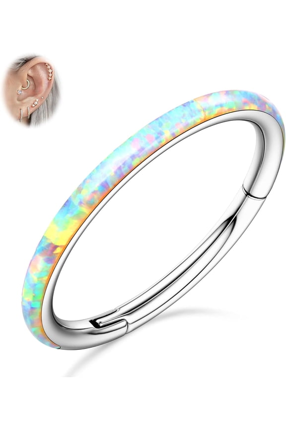 G23 Quality Titanium Opal Nose Rings Hoops - 16G/18G/20G Hinged Septum Rings Seamless Nose Rings for Women Conch Helix Daith Earrings Piercing Jewelry Purple/Pink/Blue/White Silver/Gold 8mm/...[t616]
