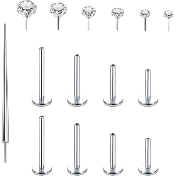 G23 Titanium Threadless Stud Earrings - 18G Flat Back With CZ Tops For Nose, Cartilage, Tragus Piercings