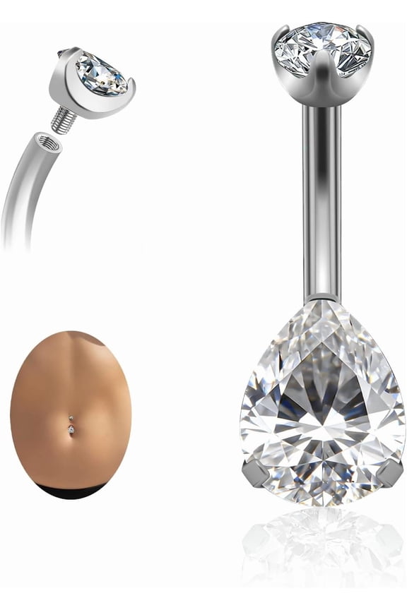 G23 Titanium Belly Button Rings 14G — Floating Navel Piercing Jewelry with 5mm & 8mm Teardrop CZ — Internal Thread Curved Barbell, Hypoallergenic (10mm / 12mm, Silver/Gold/Black/Pink/Lake Blue)