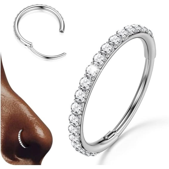 G23 Titanium CZ Nose Rings Hoops - 20G/18G/16G/14G Septum Rings Nose Hoop Clicker Cartilage Earring for Women Helix Rook Tragus Conch Piercing Jewelry Daith Ring Silver/14k Gold Plated