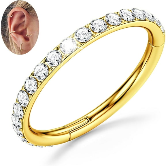 G23 Titanium CZ Nose Rings Hoops - 20G/18G/16G/14G Septum Rings Nose Hoop Clicker Cartilage Earring for Women Helix Rook Tragus Conch Piercing Jewelry Daith Ring Silver/14k Gold Plated