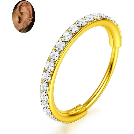 G23 Titanium CZ Nose Rings Hoops - 20G/18G/16G/14G Septum Rings Nose Hoop Clicker Cartilage Earring for Women Helix Rook Tragus Conch Piercing Jewelry Daith Ring Silver/14k Gold Plated