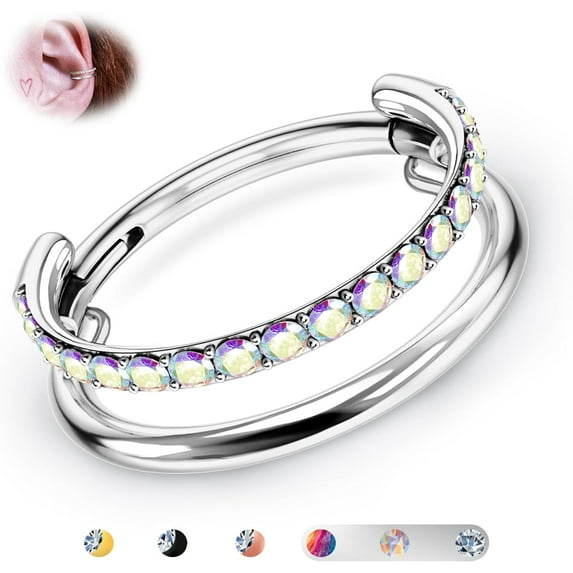 G23 Titanium Cartilage Earring Hoop Stacked Clicker 16G CZ Double/Triple Septum Rings Conch Piercing Jewelry Tragus Daith Helix Earrings Nose Rings Hoops for Women Silver/Gold 8mm 10mm 12mm