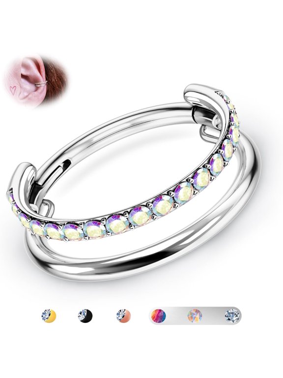 G23 Titanium Cartilage Earring Hoop Stacked Clicker 16G CZ Double/Triple Septum Rings Conch Piercing Jewelry Tragus Daith Helix Earrings Nose Rings Hoops for Women Silver/Gold 8mm 10mm 12mm