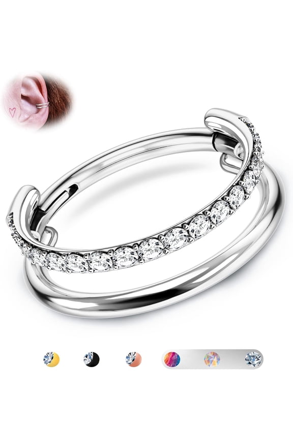 G23 Titanium Cartilage Earring Hoop Stacked Clicker 16G CZ Double/Triple Septum Rings Conch Piercing Jewelry Tragus Daith Helix Earrings Nose Rings Hoops for Women Silver/Gold 8mm 10mm 12mm