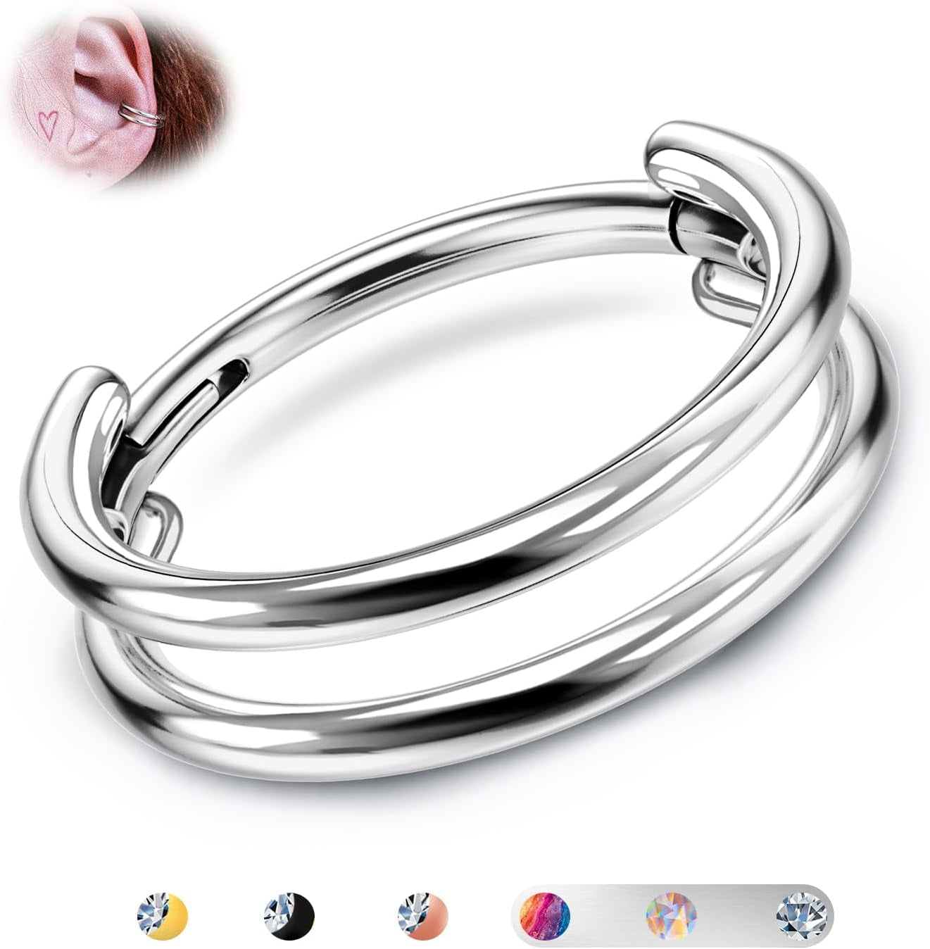 UMEFONE G23 Titanium Cartilage Earring Hoop Stacked Clicker 16G Cz Double/Triple Septum Rings Conch Piercing Jewelry Tragus Daith Helix Earrings Nose Rings Hoops For Women Silver/Gold 8Mm 10Mm 12Mm[z8001]