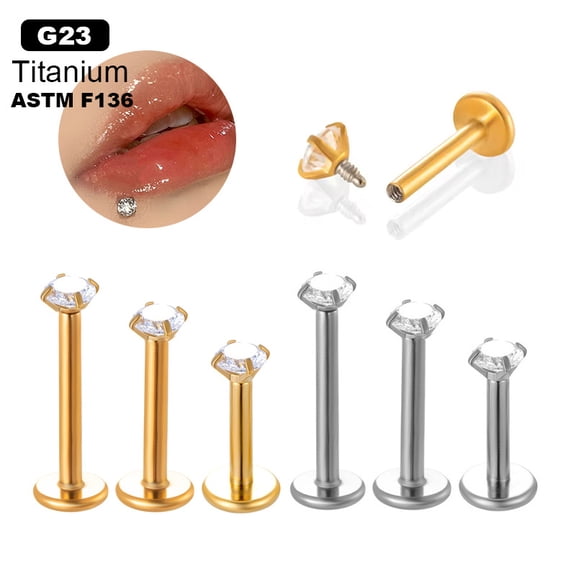 G23 Titanium Clear Cubic Zirconia Internally Threaded Labrets 17 Gauge Piercing Studs Jewelry for Women Men Golden 8mm Pin: 1.2mm DIY