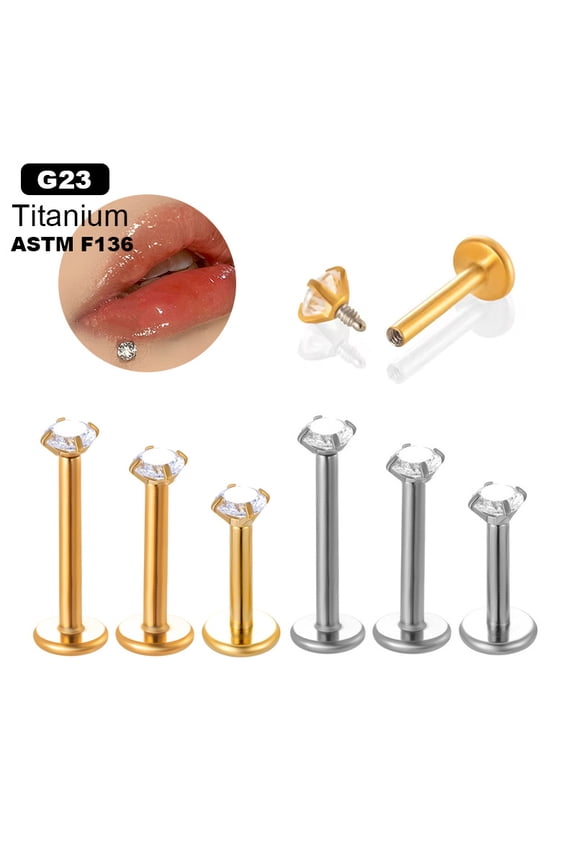 G23 Titanium Clear Cubic Zirconia Internally Threaded Labrets 17 Gauge Piercing Studs Jewelry for Women Men Platinum 8mm Pin: 1.2mm