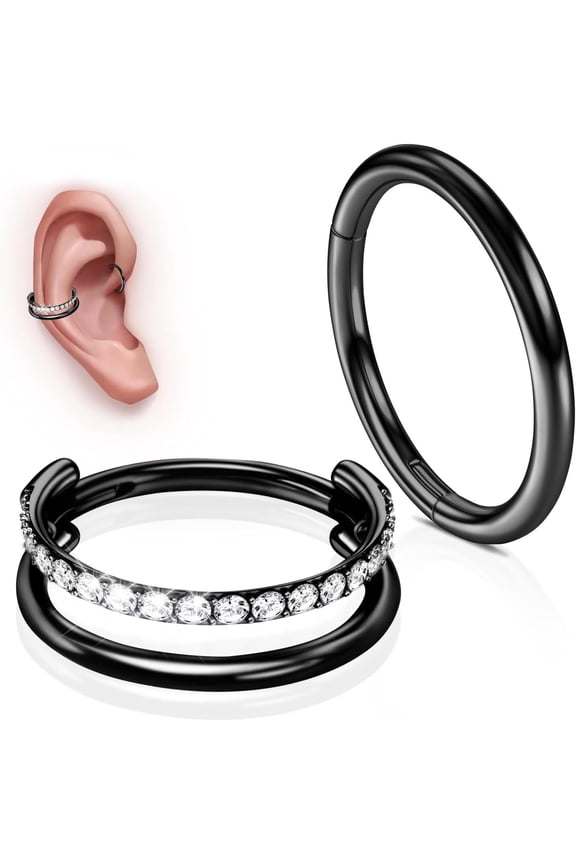 G23 Titanium Conch Piercing Jewelry Set: 16G 8mm/10mm/12mm Double/Triple Hoop Nose Septum Rings Hypoallergenic Hinged Segment Clicker Helix Cartilage Conch Earrings