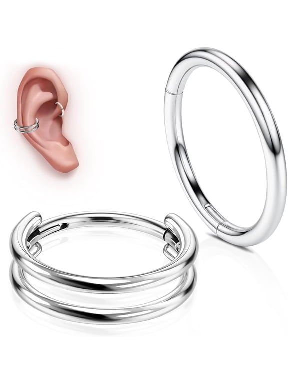 G23 Titanium Conch Piercing Jewelry Set: 16G 8mm/10mm/12mm Double/Triple Hoop Nose Septum Rings Hypoallergenic Hinged Segment Clicker Helix Cartilage Conch Earrings