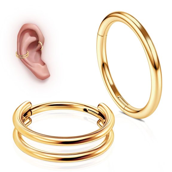 G23 Titanium Conch Piercing Jewelry Set: 16G 8mm/10mm/12mm Double/Triple Hoop Nose Septum Rings Hypoallergenic Hinged Segment Clicker Helix Cartilage Conch Earrings