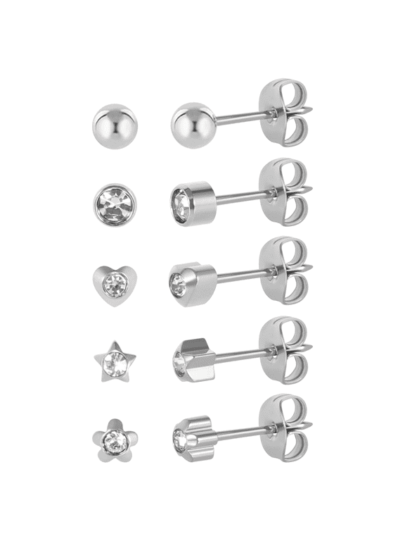 G23 Titanium Ear Piercing Stud Earrings for Sensitive Ears, Cubic Zirconia Stud Earrings Set for Ear Piercing Guns 5 Pairs