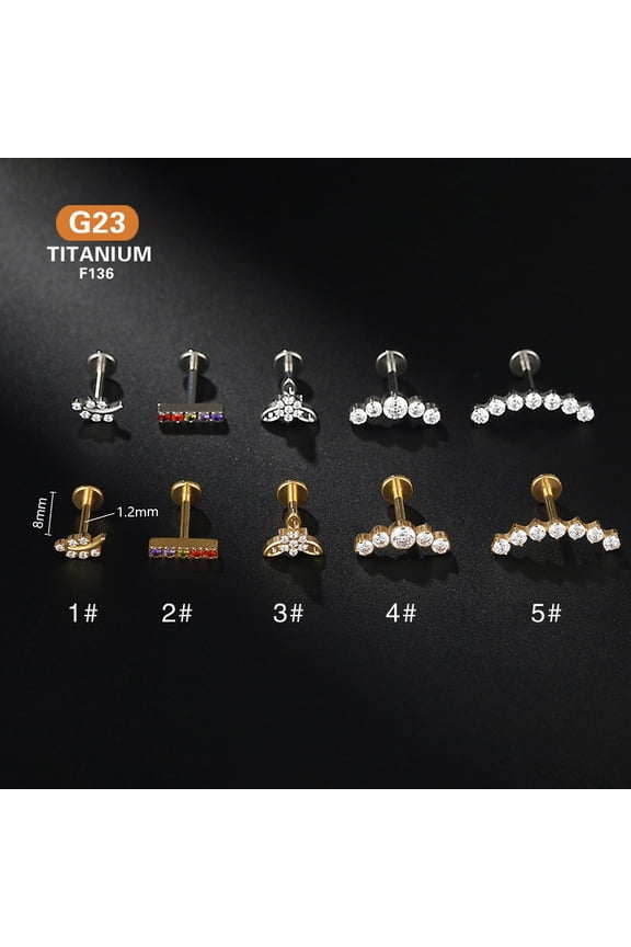 G23 Titanium Micro Pave Clear Cubic Zirconia Internally Threaded Labrets Lip Rings Leaf Stainless Steel color 8mm Pin: 1.2mm