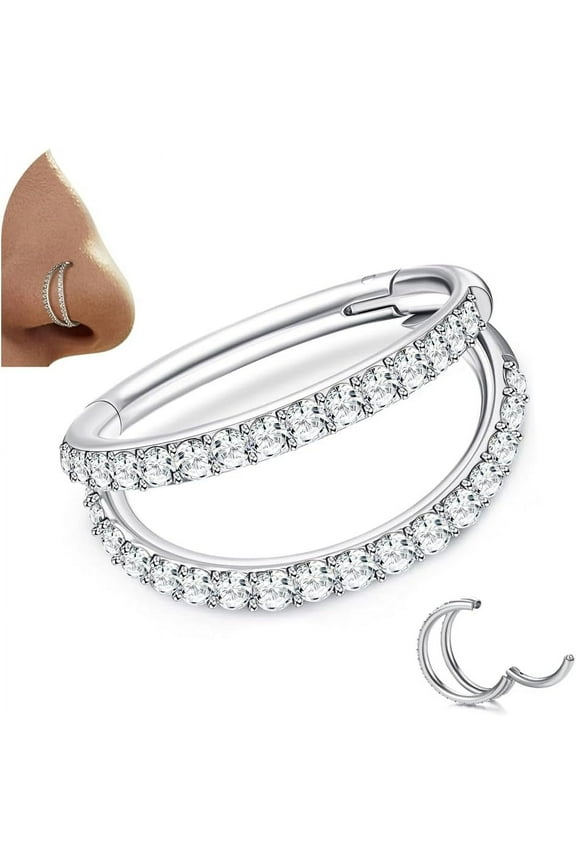 G23 Titanium Nose Rings Hoops 16G 18G Double Hoop Septum Click Nose Rings Lip Rook Lobe Tragus Helix Cartilage Daith Conch Earrings Clear CZ Paved Nose Piercing Jewelry for Women Men Silver,Double Lay