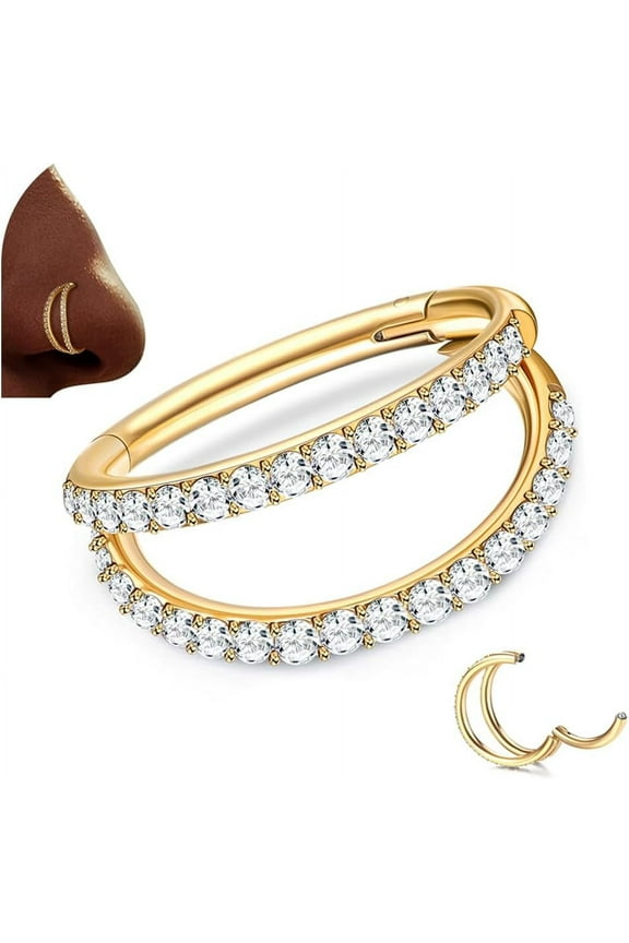 G23 Titanium Nose Rings Hoops 16G 18G Double Hoop Septum Click Nose Rings Lip Rook Lobe Tragus Helix Cartilage Daith Conch Earrings Clear CZ Paved Nose Piercing Jewelry for Women Men Gold,Double Laye