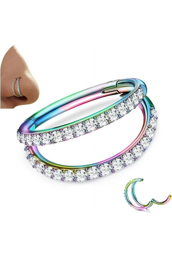 G23 Titanium Nose Rings Hoops 16G 18G Double Hoop Septum Click Nose Rings Lip Rook Lobe Tragus Helix Cartilage Daith Conch Earrings Clear CZ Paved Nose Piercing Jewelry for Women Men Rainbow,Double L