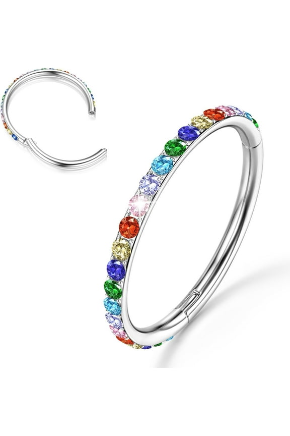 G23 Titanium Nose Rings Hoops - AB/Rainbow/Clear CZ Nose Piercings 16/18/20G Septum Rings Cartilage Helix Rook Tragus Lobe Daith Earrings Body Jewelry for Women Men 6/7/8/9/10/11/12mm