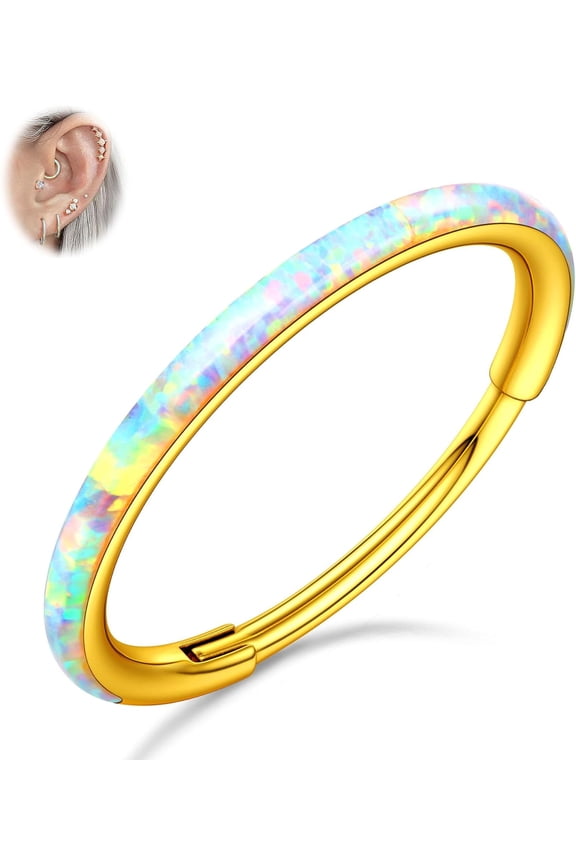 G23 Titanium Opal Nose Rings Hoops - 16G/18G/20G Hinged Septum Rings Seamless Nose Rings for Women Conch Helix Daith Earrings Piercing Jewelry Purple/Pink/Blue/White Silver/Gold 8mm/10mm