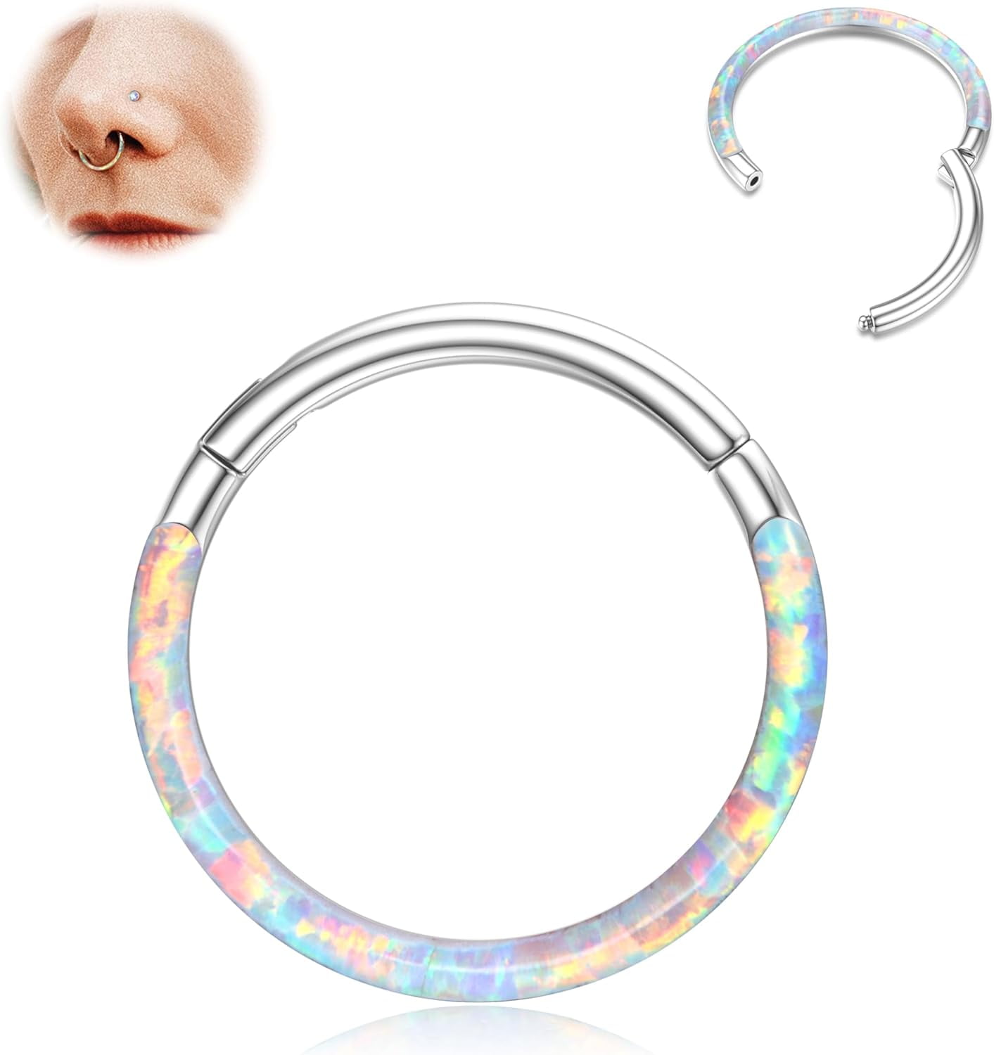 G23 Titanium Opal Nose Rings Hoops - 16G/18G/20G Hinged Septum Rings ...
