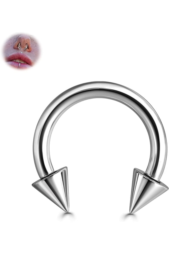 G23 Titanium Septum Rings 6G 8G 12G - Horseshoe Circular Barbell Spikes Stretched Pincher Nose Piercing Jewelry ASTM F136 Titanium Earrings for Women Men Silver 10 mm 12 mm
