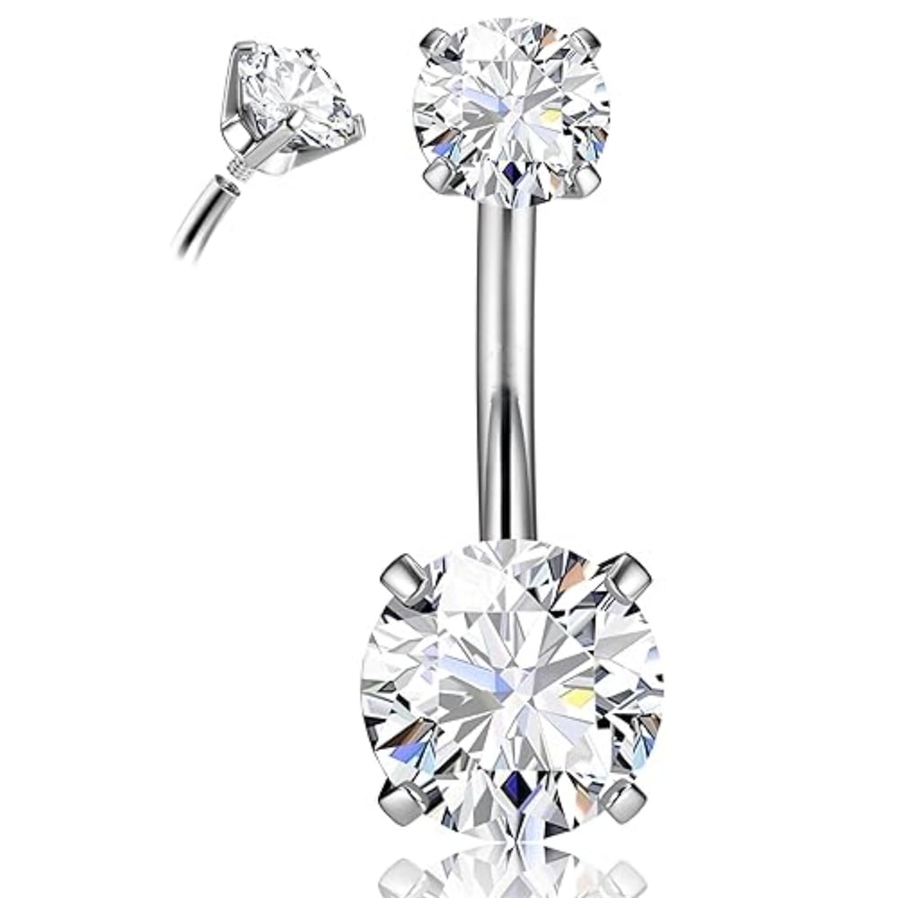 G23 Titanium Sterling Silver Navel Ring,Round Diamond Double Head Belly — free download