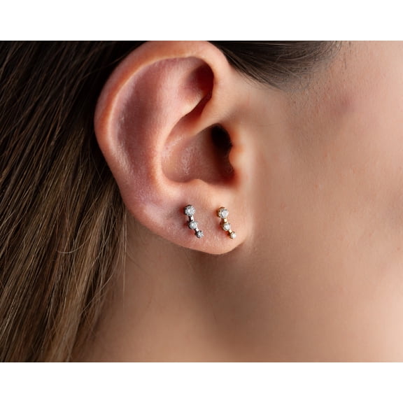 G23 Titanium Tiny Triple Stones push in flat back earclimber Stud Earrings, threadless tragus stud, cartilage Diamond Ear Climber