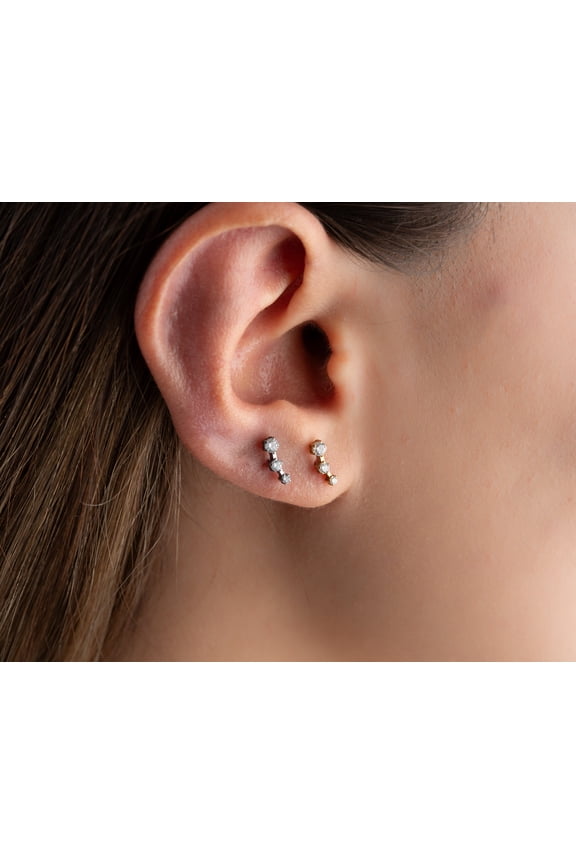 G23 Titanium Tiny Triple Stones push in flat back earclimber Stud Earrings, threadless tragus stud, cartilage Diamond Ear Climber