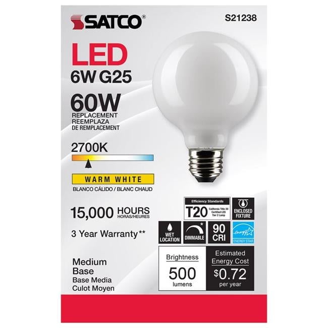 G25 E26 Medium Filament LED Bulb, Warm White - 60W Equivalence