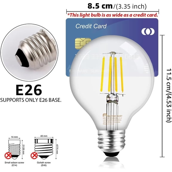 G25 Globe Light Bulbs, Dimmable, E26 Base, 60W Equivalent, 2700K Soft White, Vintage Filament for Bathroom Mirror, 5.5W LED, UL Listed, Energy Star, 6-Pack