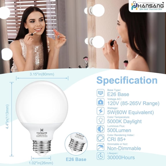 G25 LED Globe Light Bulbs, 60W Equivalent, 5000K Daylight Bathroom, E26 Base, Eye-Friendly Vanity Round, Perfect for Vanity Makeup Mirror, 120V CRI85+ Non-Dimmable 4Pack