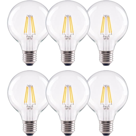 G25 LED Globe Light Bulbs, Dimmable 40W Equivalent CRI 90+, E26 Base, Warm White 2700K, Edison Vanity Light Bulbs for Bedroom, Kitchen, Vanity, Mirror Vinta , Round Clear Glass, 6 Pack