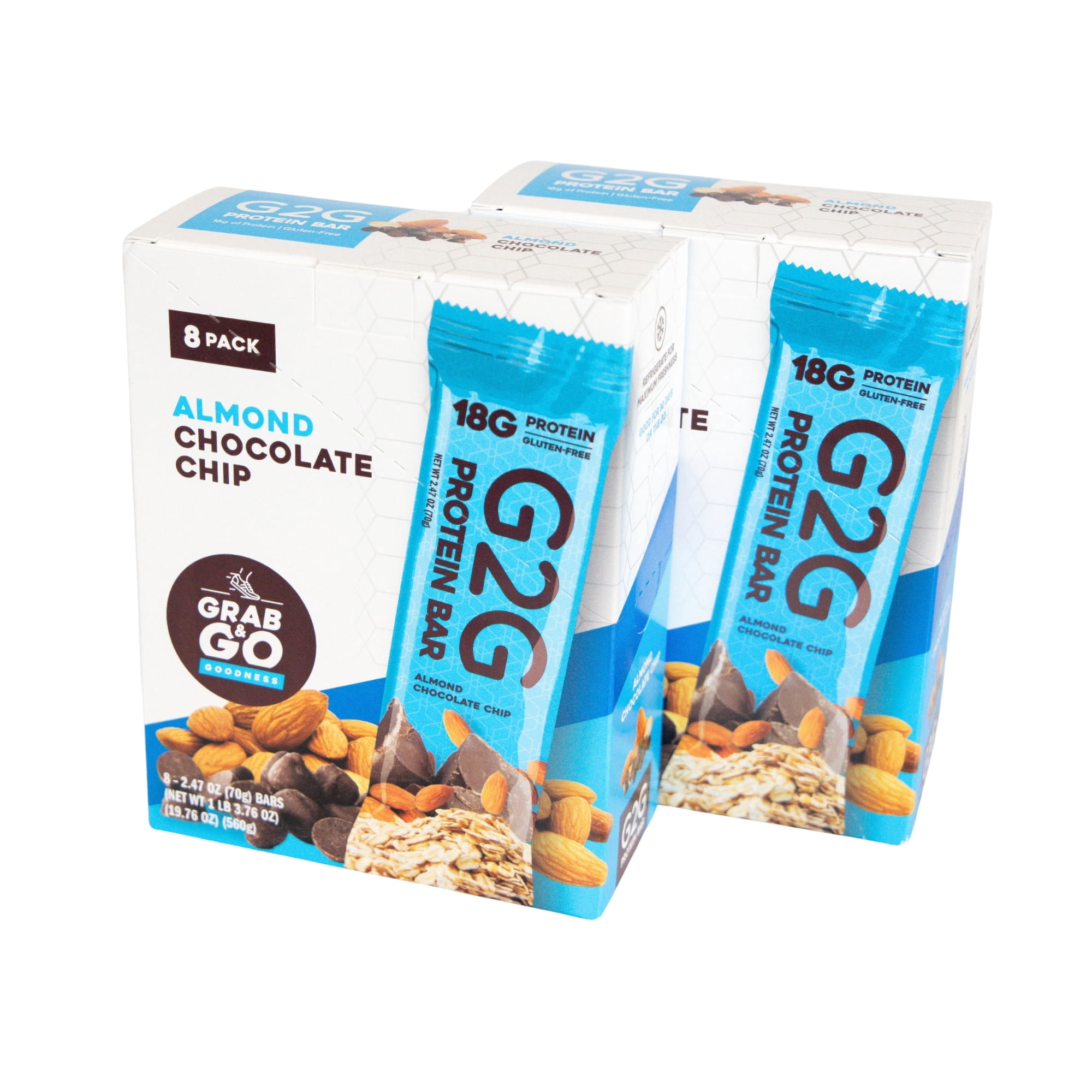 G2G Protein Bar, Almond Chocolate Chip, Gluten-Free, Clean Ingredients, Refrigerated for Freshness, 16 Bars (2 Packs of 8)