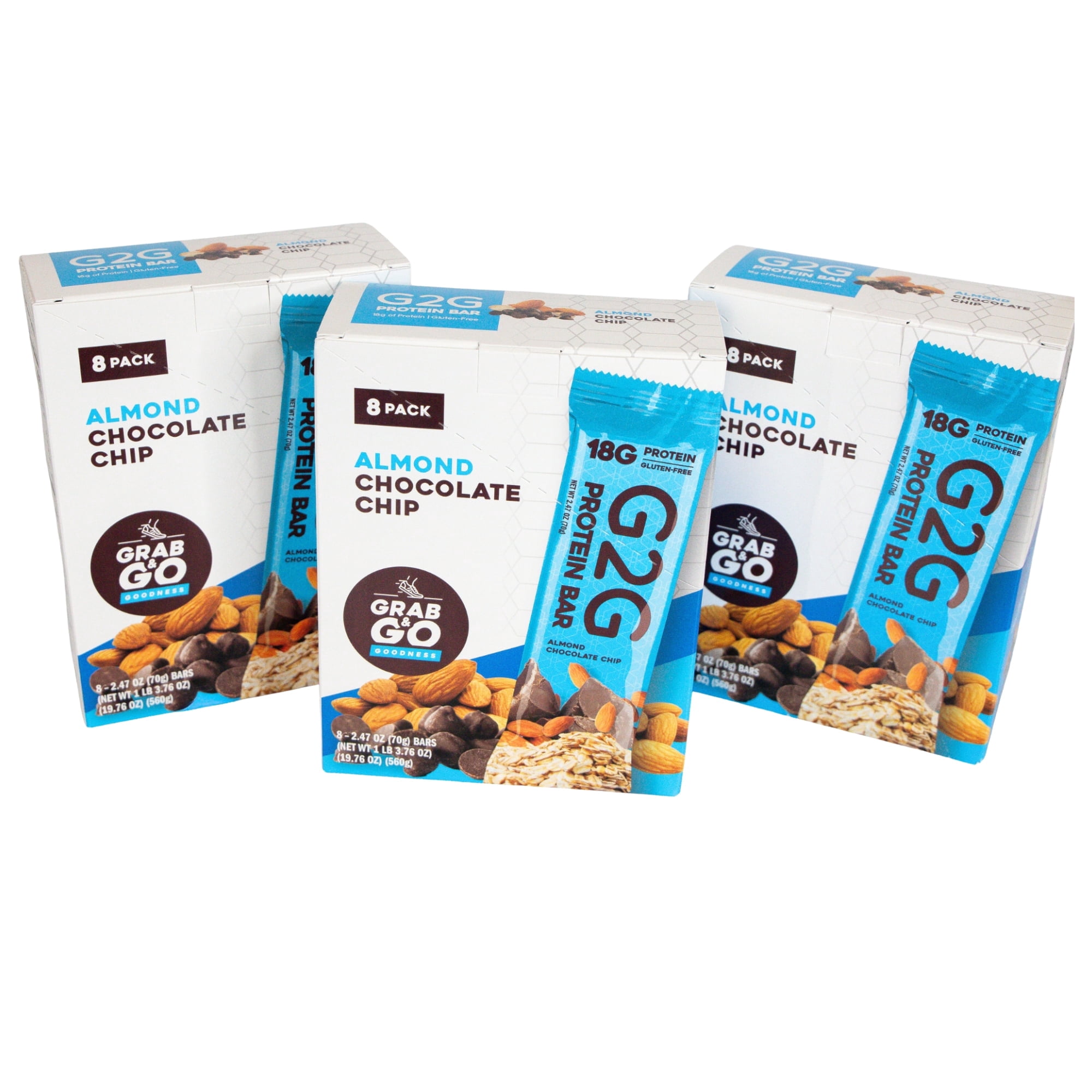 G2G Protein Bar, Almond Chocolate Chip, Gluten-Free, Clean Ingredients, Refrigerated for Freshness, 24 Bars (3 Pack of 8)