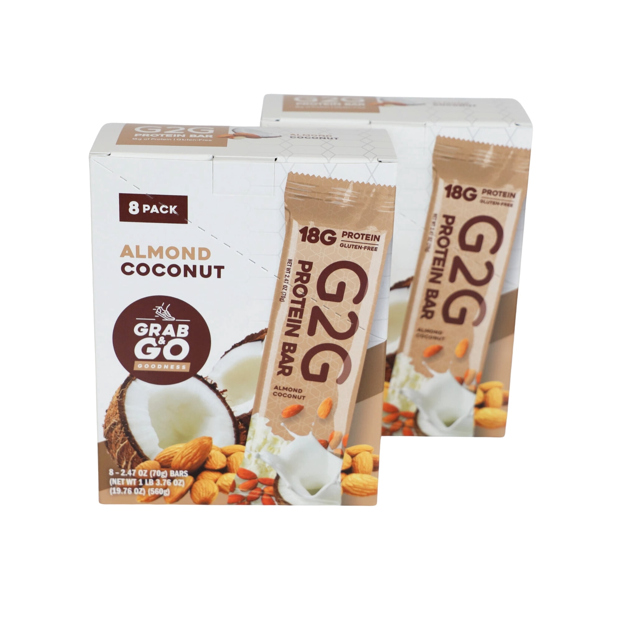 G2G Protein Bar, Almond Coconut, Gluten-Free, Clean Ingredients, Refrigerated for Freshness, 16 Bars (2 Packs of 8)