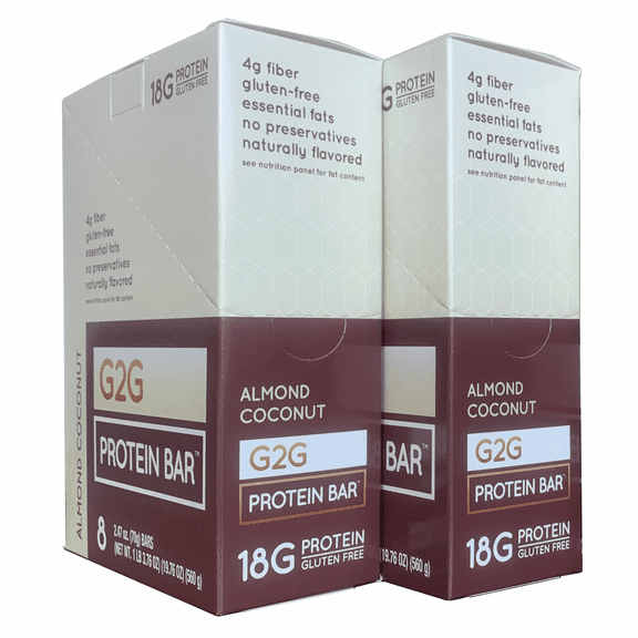 G2G Protein Bar, Almond Coconut, Gluten-Free, Clean Ingredients, Refrigerated for Freshness, 16 Bars (2 Packs of 8)