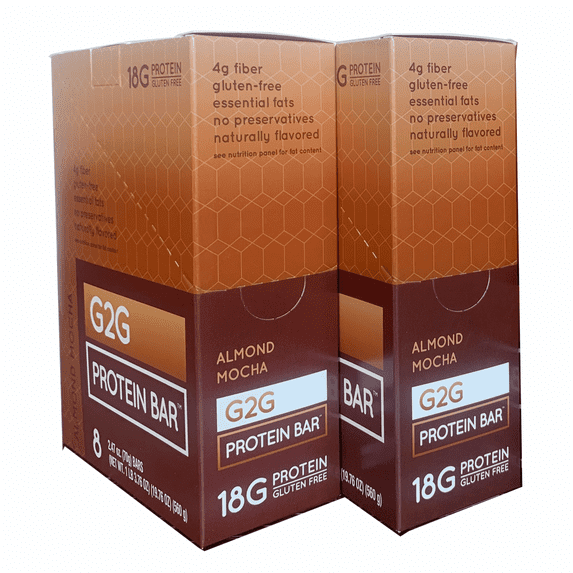 G2G Protein Bar, Almond Mocha, Gluten-Free, Clean Ingredients, Refrigerated for Freshness, 16 Bars (2 Packs of 8)