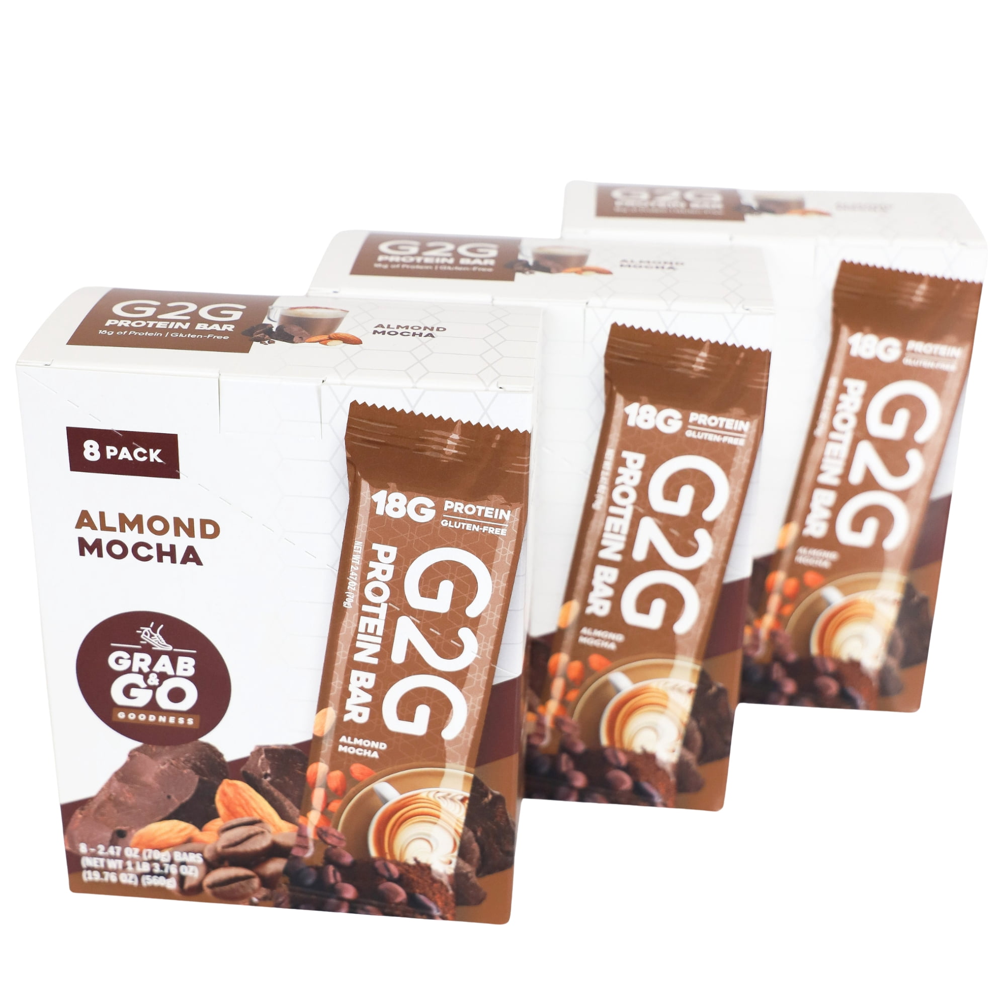 G2G Protein Bar, Almond Mocha, Gluten-Free, Clean Ingredients, Refrigerated for Freshness, 24 Bars (3 Pack of 8)