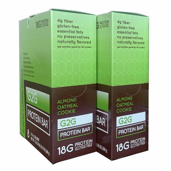 G2G Protein Bar, Almond Oatmeal Cookie, Gluten-Free, Clean Ingredients, Refrigerated for Freshness, 16 Bars (2 Packs of 8)