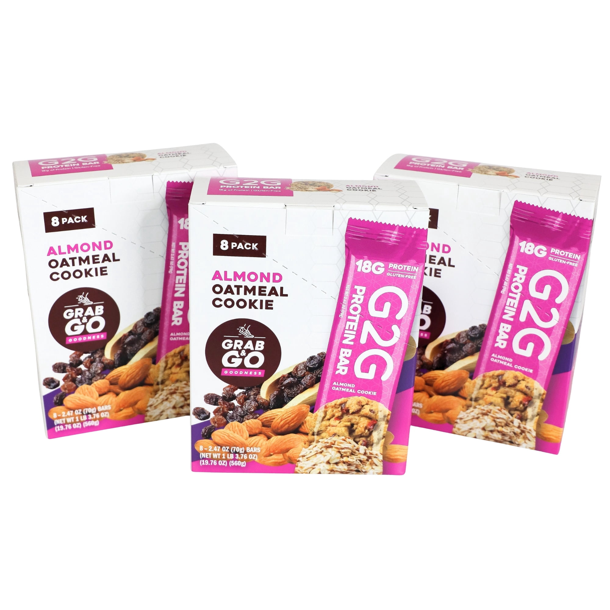 G2G Protein Bar, Almond Oatmeal Cookie, Gluten-Free, Clean Ingredients, Refrigerated for Freshness, 24 Bars (3 Pack of 8)