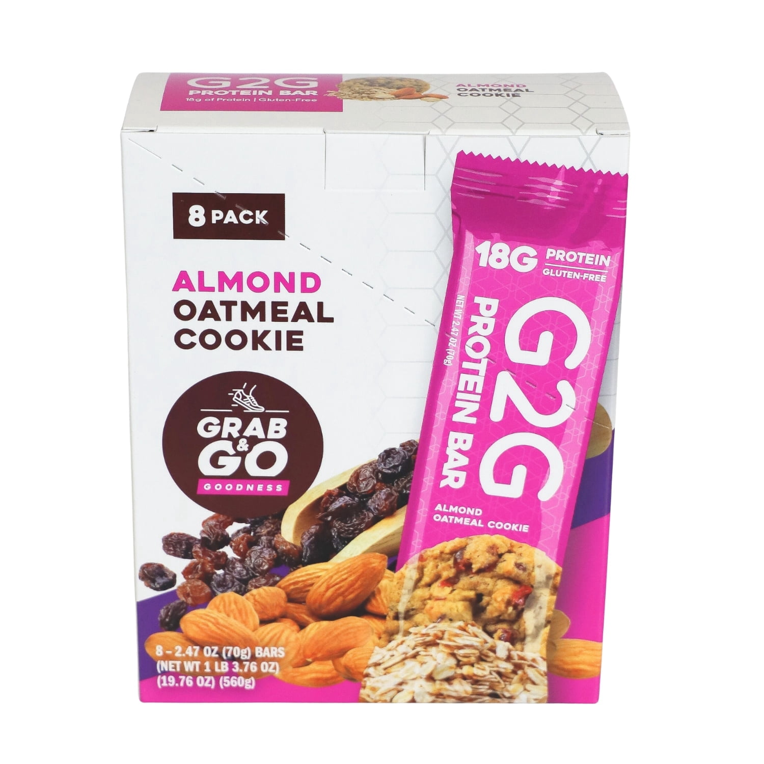 G2G Protein Bar, Almond Oatmeal Cookie, Gluten-Free, Clean Ingredients, Refrigerated for Freshness, (Pack of 8)