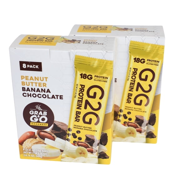 G2G Protein Bar, Peanut Butter Banana Chocolate, Gluten-Free, Clean Ingredients, Refrigerated for Freshness, 16 Bars (2 Packs of 8)