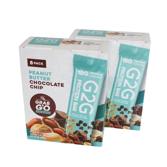 G2G Protein Bar, Peanut Butter Chocolate Chip, Gluten-Free, Clean Ingredients, Refrigerated for Freshness, 16 Bars (2 Packs of 8)