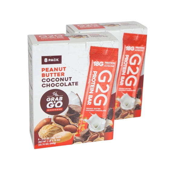 G2G Protein Bar, Peanut Butter Coconut, Gluten-Free, Clean Ingredients, Refrigerated for Freshness, 16 Bars (2 Packs of 8)