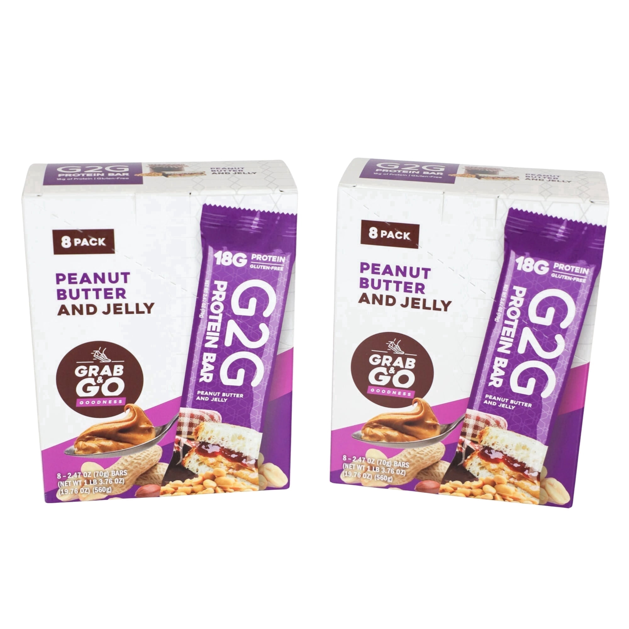 G2G Protein Bar, Peanut Butter & Jelly, Gluten-Free, Clean Ingredients, Refrigerated for Freshness, 16 Bars (2 Packs of 8)