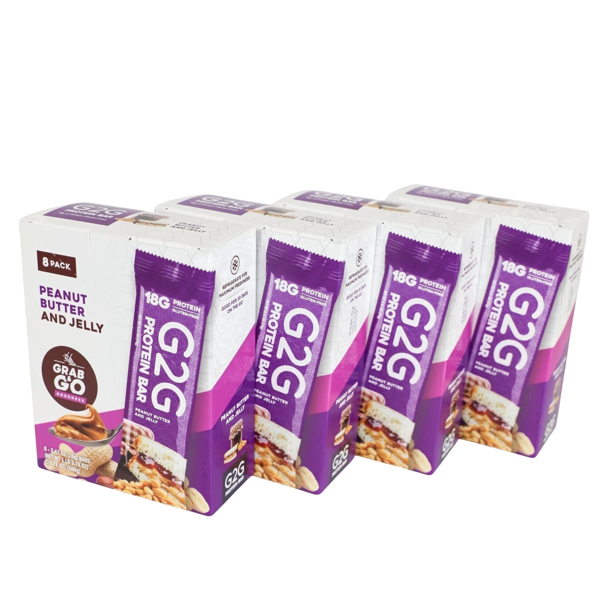 G2G Protein Bar, Peanut Butter & Jelly, Gluten-Free, Clean Ingredients, Refrigerated for Freshness, 32 Bars (4 Packs of 8)