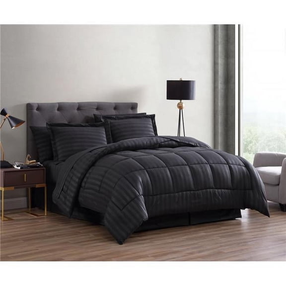 G3 Home 90026 Maple Dobby Stripe Bed in A Bag Comforter Set, Black - Queen Size - 8 Piece