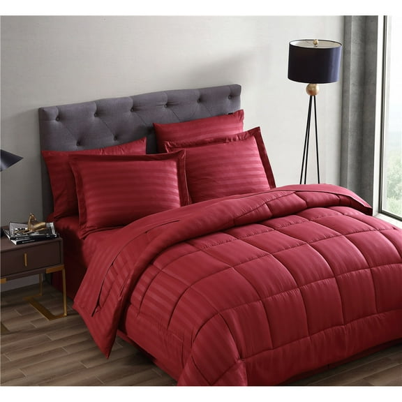 G3 Home 90030 Maple Dobby Stripe Bed in A Bag Comforter Set, Burgundy - Queen Size - 8 Piece