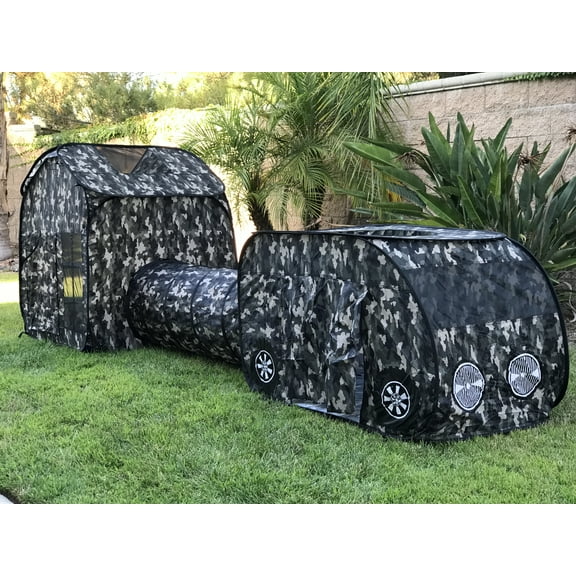 G3Elite Kids Play Tent, Childs 3 Piece Foldable Pop Up Indoor/Outdoor Vehicle, Tunnel & Tent with Carry/Storage Bag (Black, Grey & White Camo)