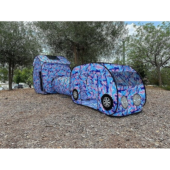 G3Elite Kids Play Tent, Childs 3 Piece Foldable Pop Up Indoor/Outdoor Vehicle, Tunnel & Tent with Carry/Storage Bag (Blue, Pink & Cream Camo)